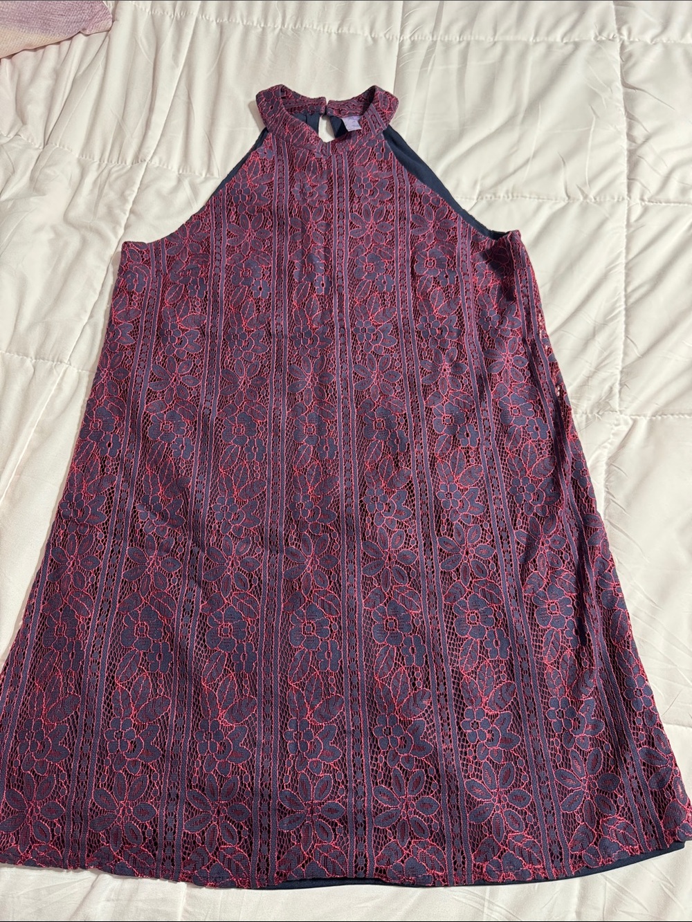 Francesca's Collections Navy and Burgundy Lace Halter Mini Dress